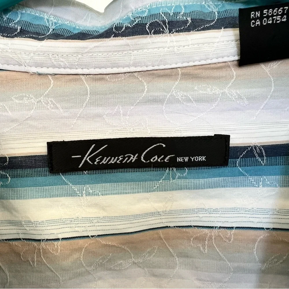 Kenneth Cole Shirt Men Large Button-Up Striped Embroidered Long Sleeve Blue Whit